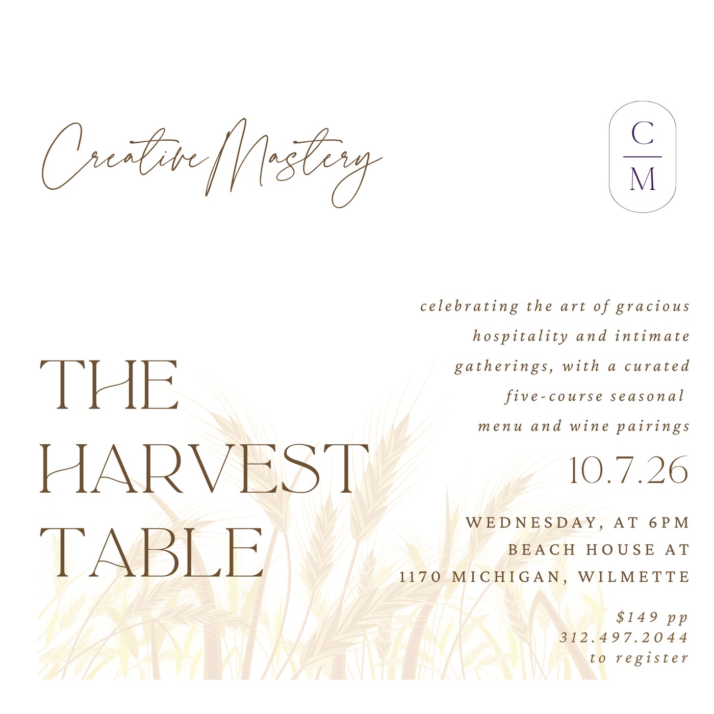 Invitation for The Harvest Table, October 7, 2026, Wednesday at 6pm, Beach House at 1170 Michigan Avenue, Wilmette, $149 per person, 312.497.2044 to register